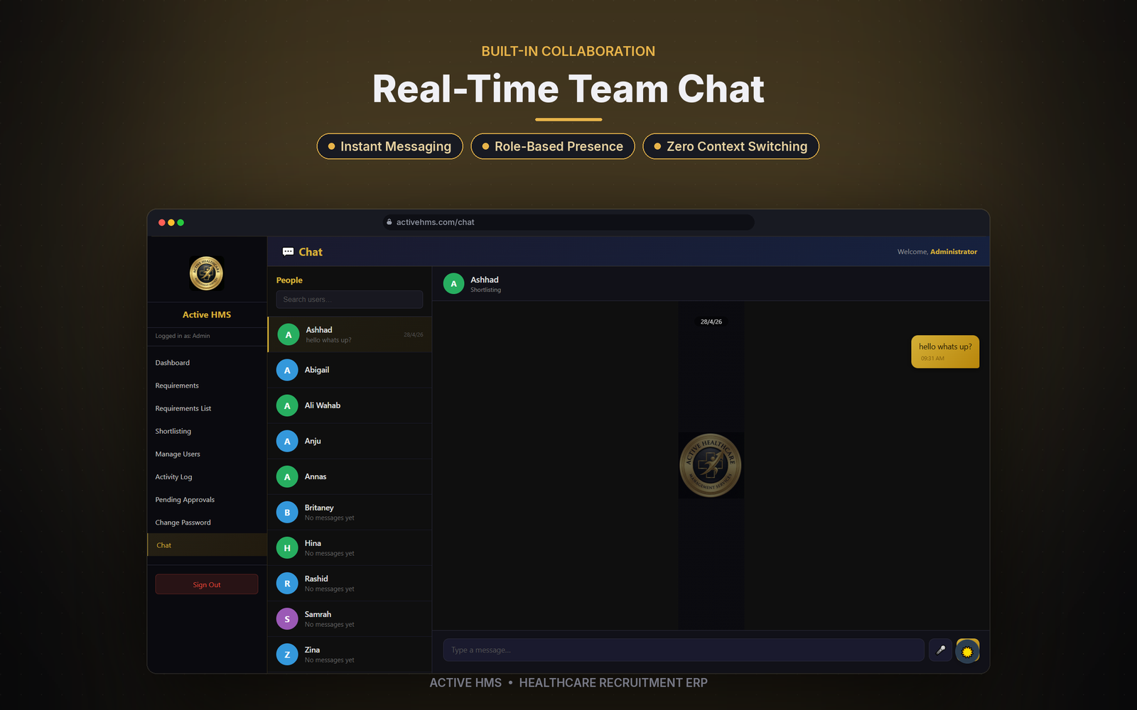 ActiveHMS real-time team chat between recruitment staff